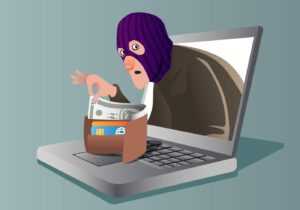 Cartoon thief in a purple balaclava reaches out from a laptop to grab cash from a wallet, illustrating online theft.