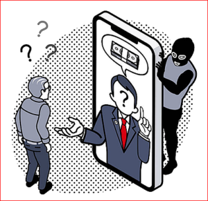Illustration of a man in a suit emerging from a large smartphone, addressing a puzzled person while a hooded figure watches—implies a phone scam or phishing.