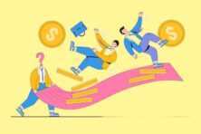 Cartoon businesspeople climbing a curved pink ramp toward floating gold coins, symbolizing teamwork and growth.