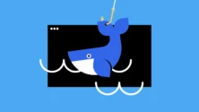 Stylized blue animal jumping above a black rectangle with white wave lines on a bright blue background, like a logo or illustration. Possibly a whale or dolphin shape with a yellow line above it.